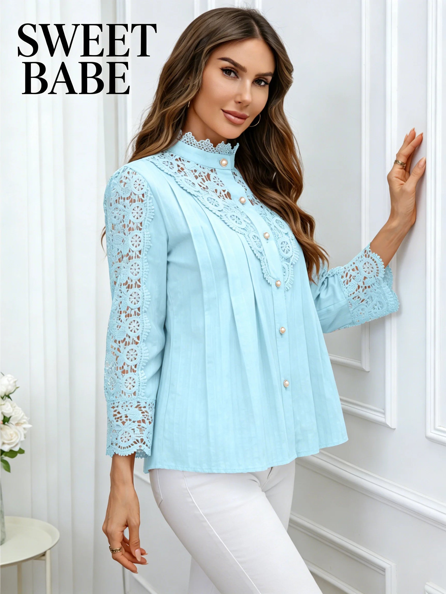 Sweet Babe Light Blue Lace Panel Long Sleeve Blouse