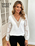 Women White V Neck Lace Sleeve Blouse Loose Fit Office Top