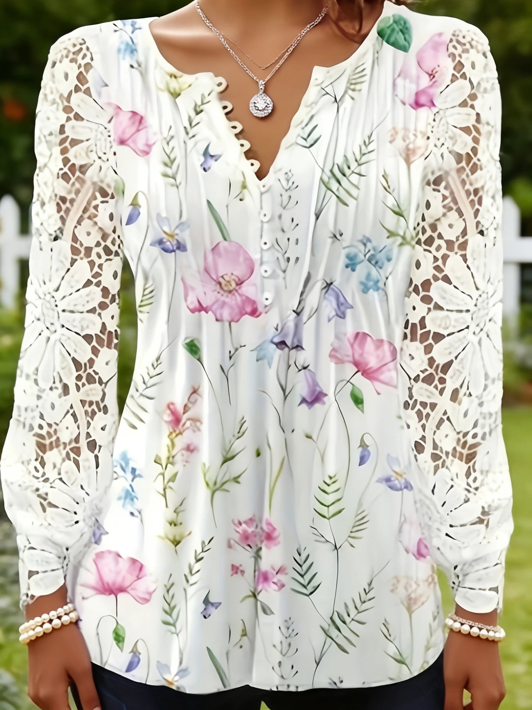Women Plus Size White Floral Lace Sleeve V Neck Henley Blouse