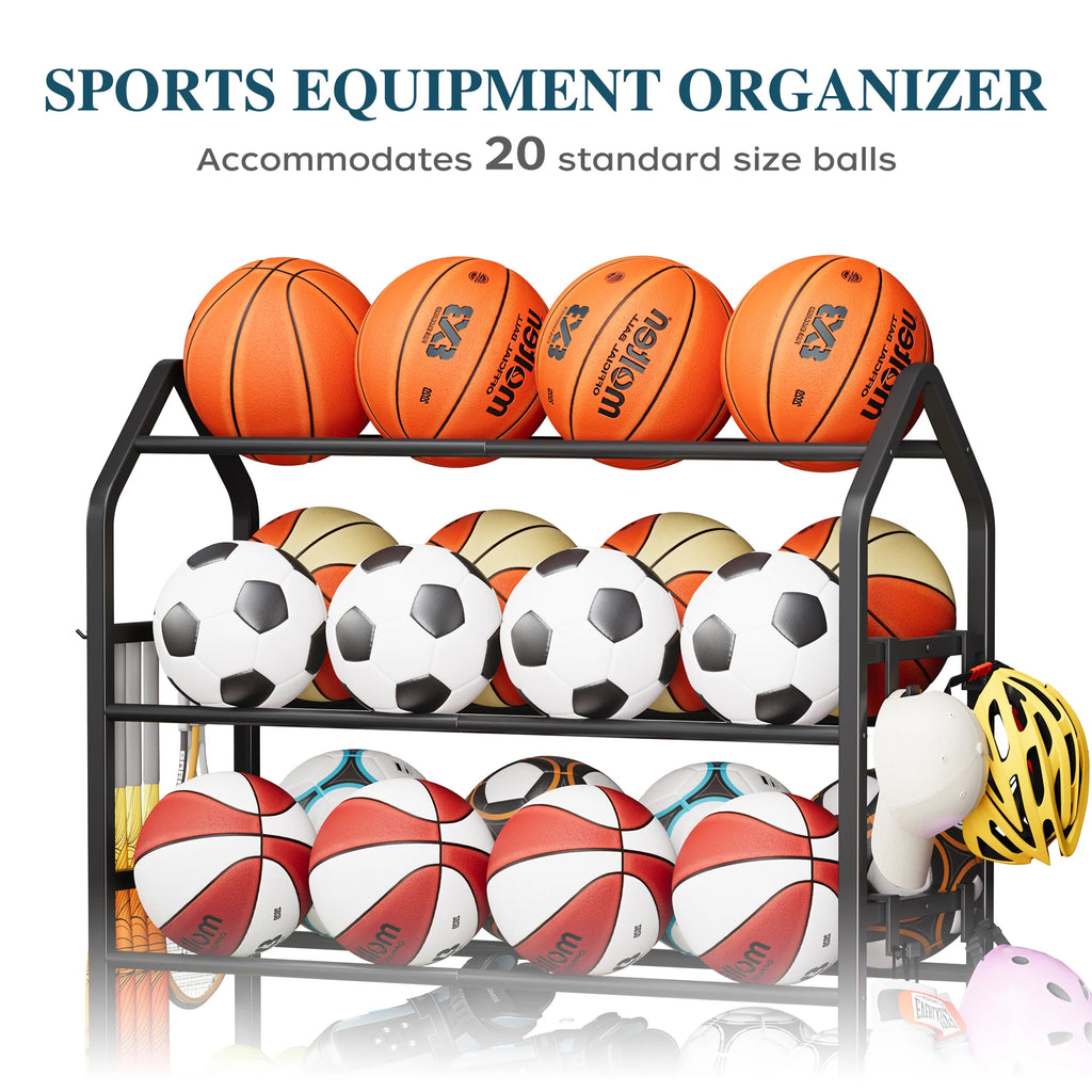 Heavy Duty Rolling Sports Equipment Organizer Ball Storage Rack Hooks