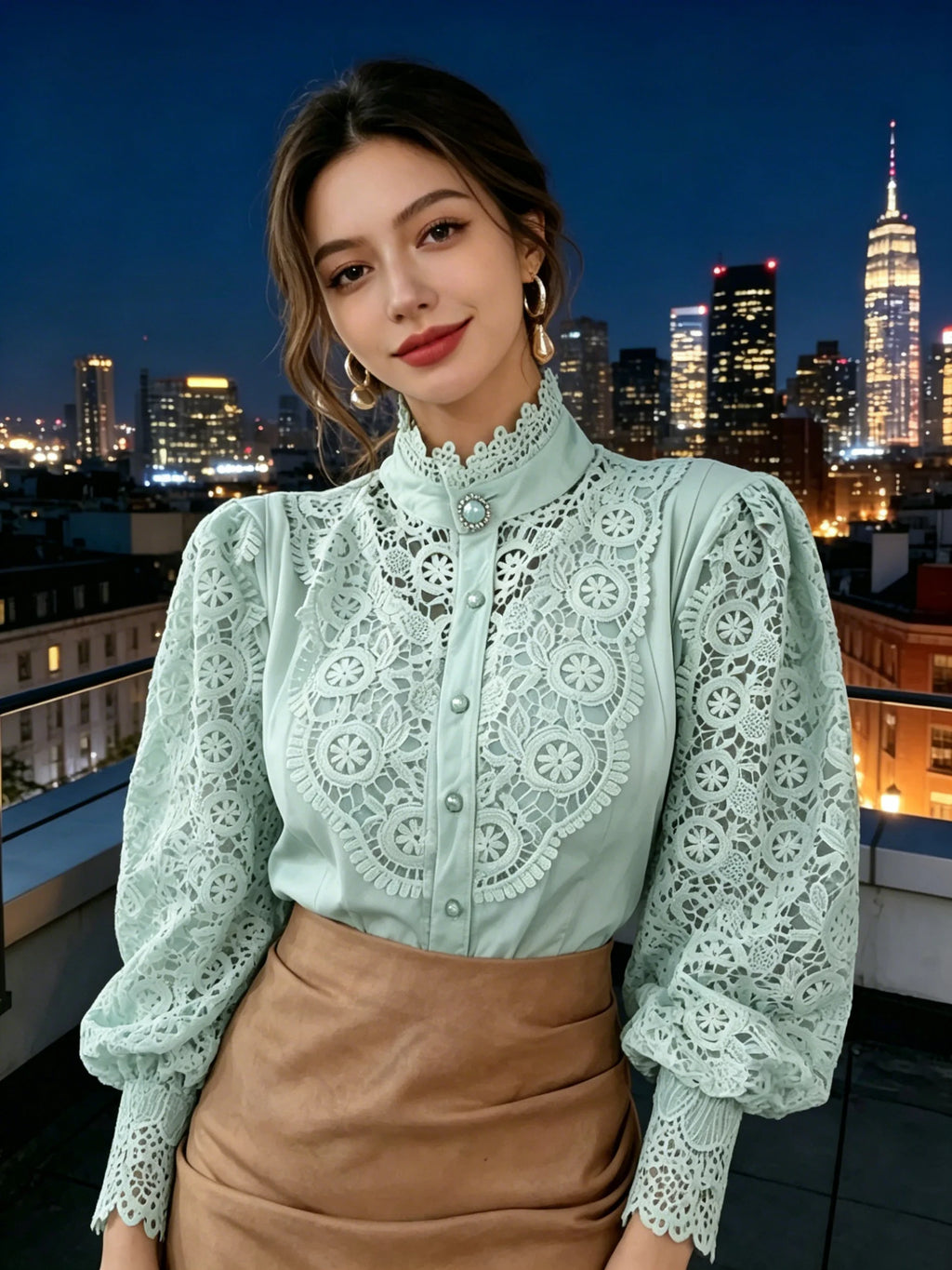 Light green vintage lace button blouse