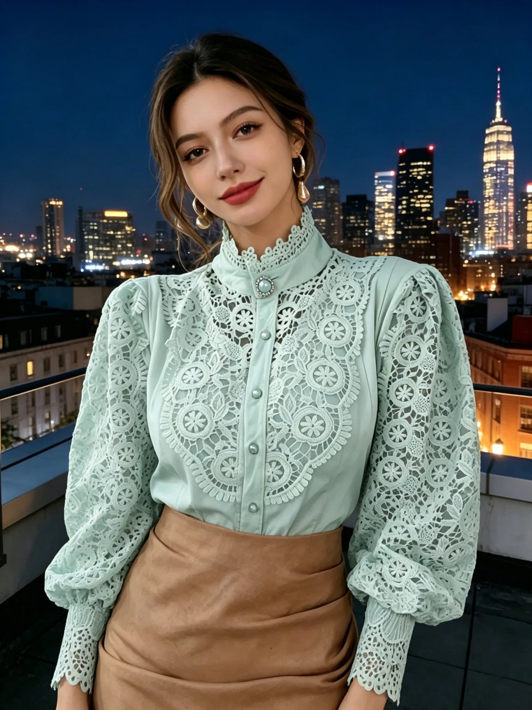 Light green vintage lace button blouse