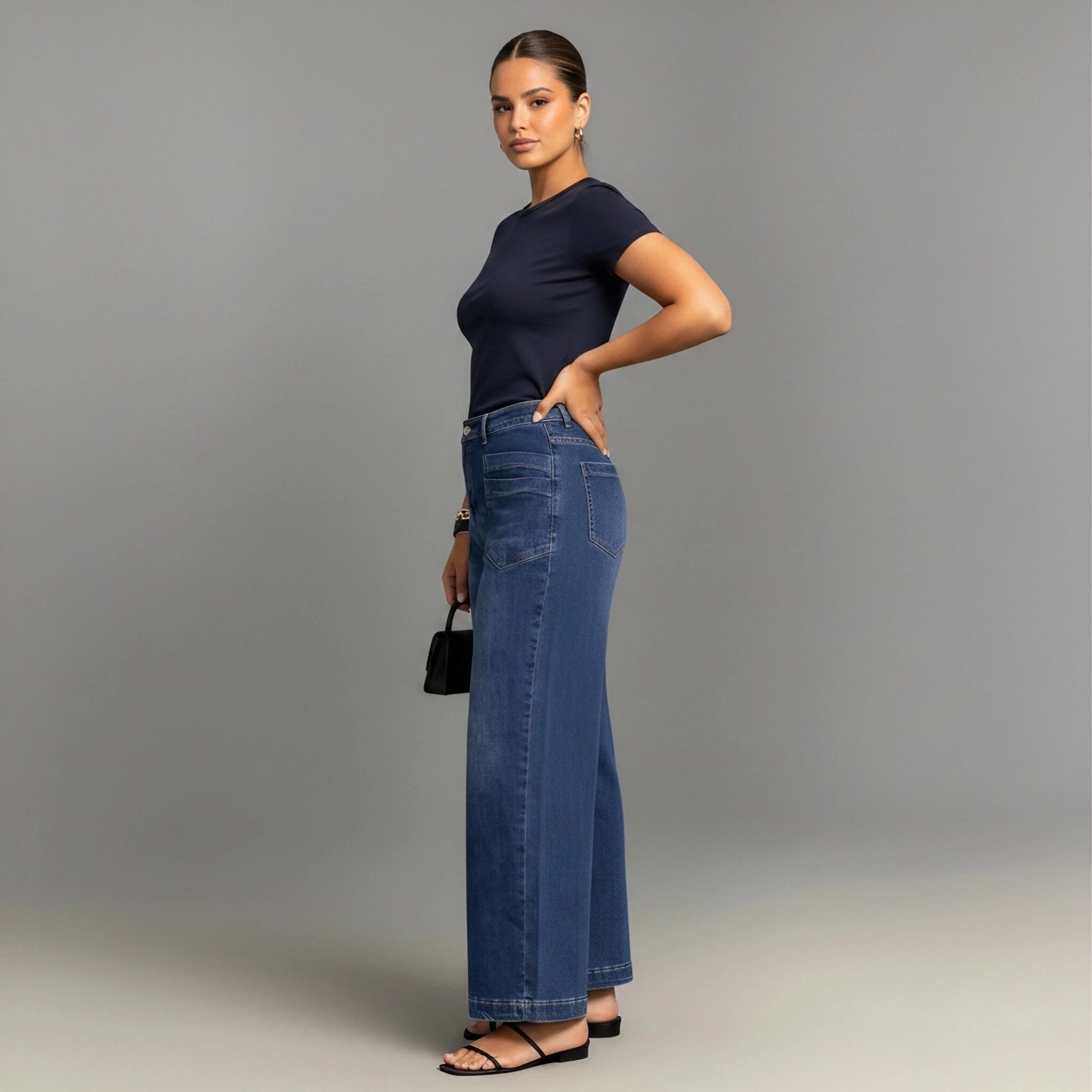 Plus Size Wide Leg Jeans High Waist Blue Denim Front Pocket Curvy Women