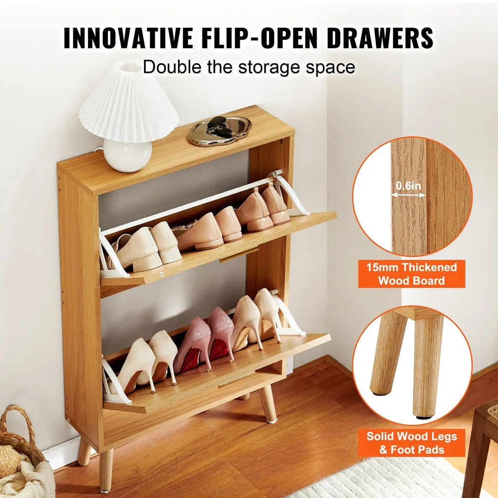 Rattan Shoe Storage Cabinet 2 Flip Drawers Entryway Organizer Natural