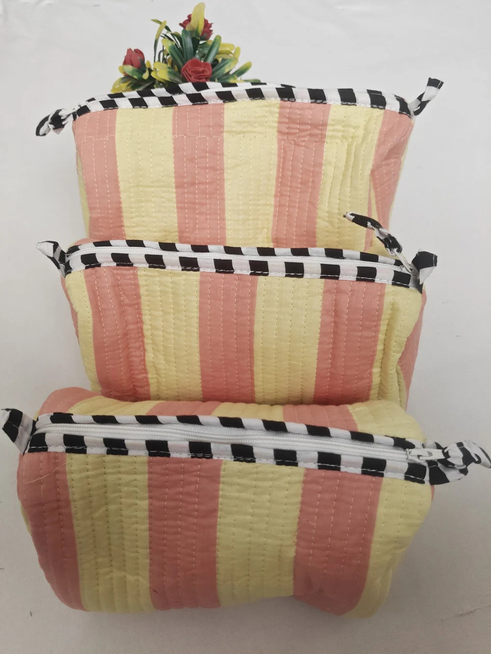 Yellow Stripe Cotton Zipper Makeup Bag