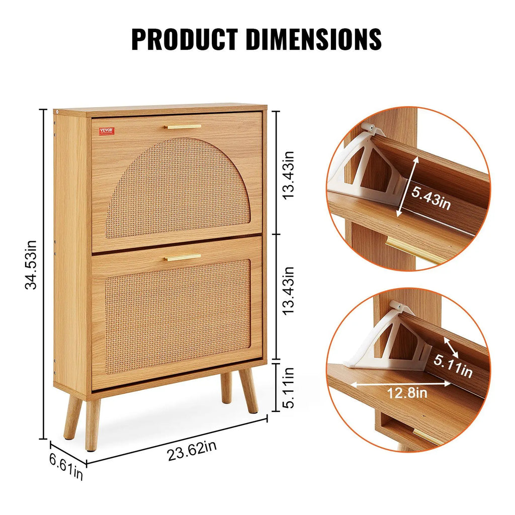 Rattan Shoe Storage Cabinet 2 Flip Drawers Entryway Organizer Natural