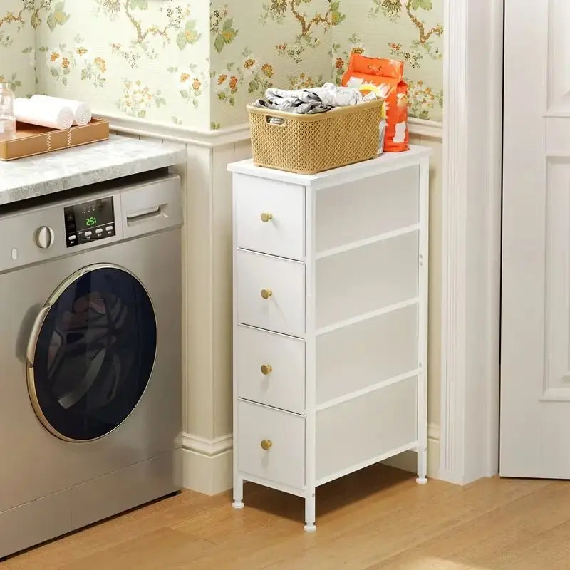 Slim White Nightstand 4 Fabric Drawers Narrow Side Table Bedroom Storage
