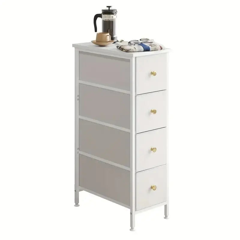 Slim White Nightstand 4 Fabric Drawers Narrow Side Table Bedroom Storage