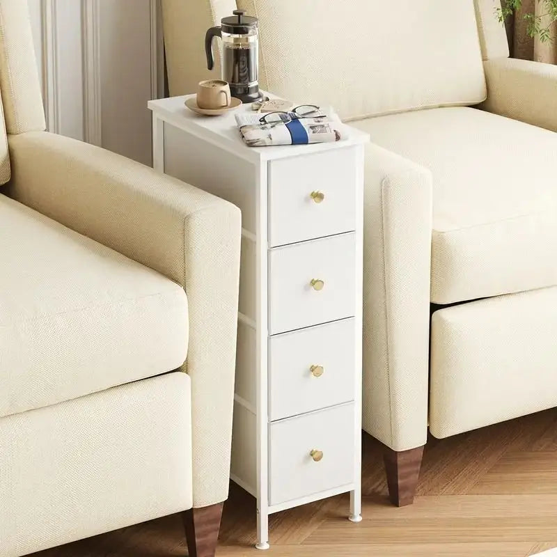 Slim White Nightstand 4 Fabric Drawers Narrow Side Table Bedroom Storage