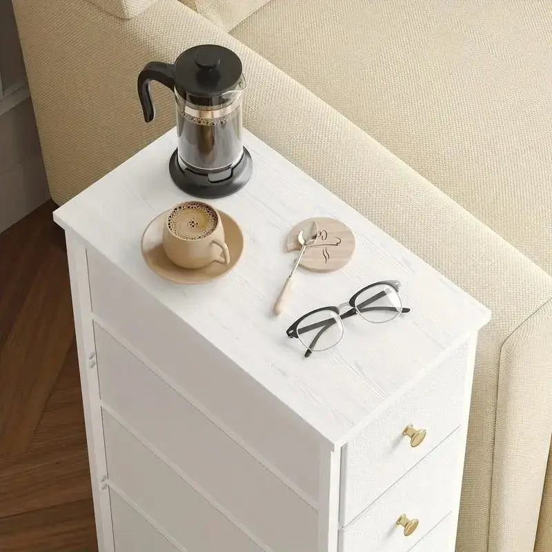 Slim White Nightstand 4 Fabric Drawers Narrow Side Table Bedroom Storage