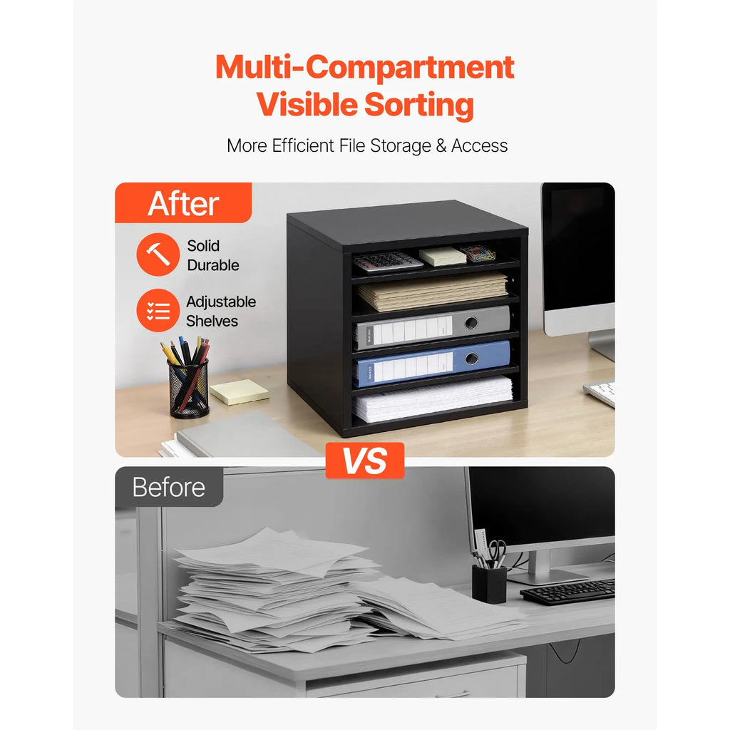 5 Compartment Wood Mailbox Sorter Office Literature File Organizer Black