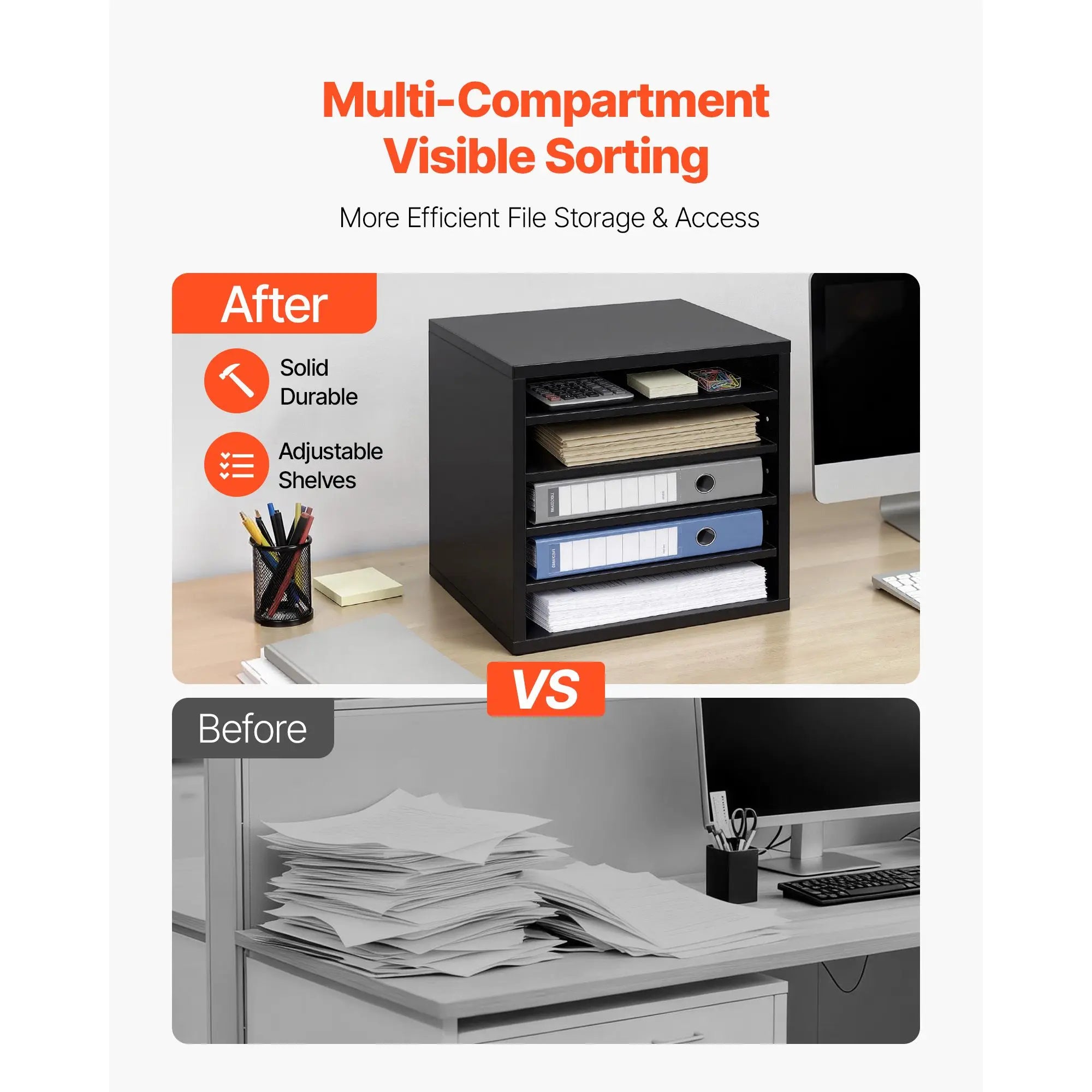 5 Compartment Wood Mailbox Sorter Office Literature File Organizer Black