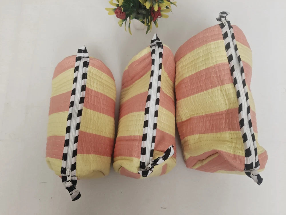 Yellow Stripe Cotton Zipper Makeup Bag