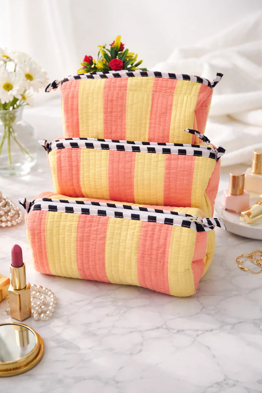 Yellow Stripe Cotton Zipper Makeup Bag