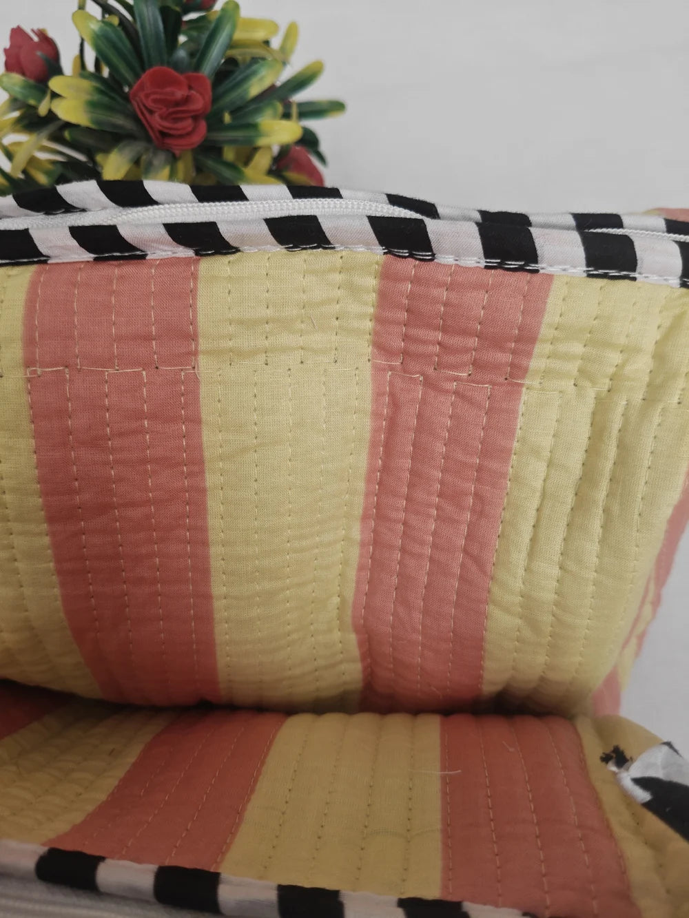 Yellow Stripe Cotton Zipper Makeup Bag