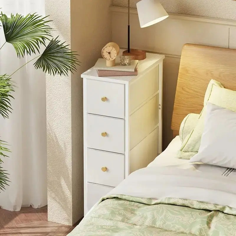 Slim White Nightstand 4 Fabric Drawers Narrow Side Table Bedroom Storage