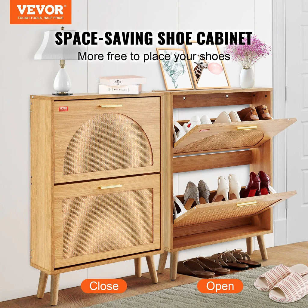 Rattan Shoe Storage Cabinet 2 Flip Drawers Entryway Organizer Natural