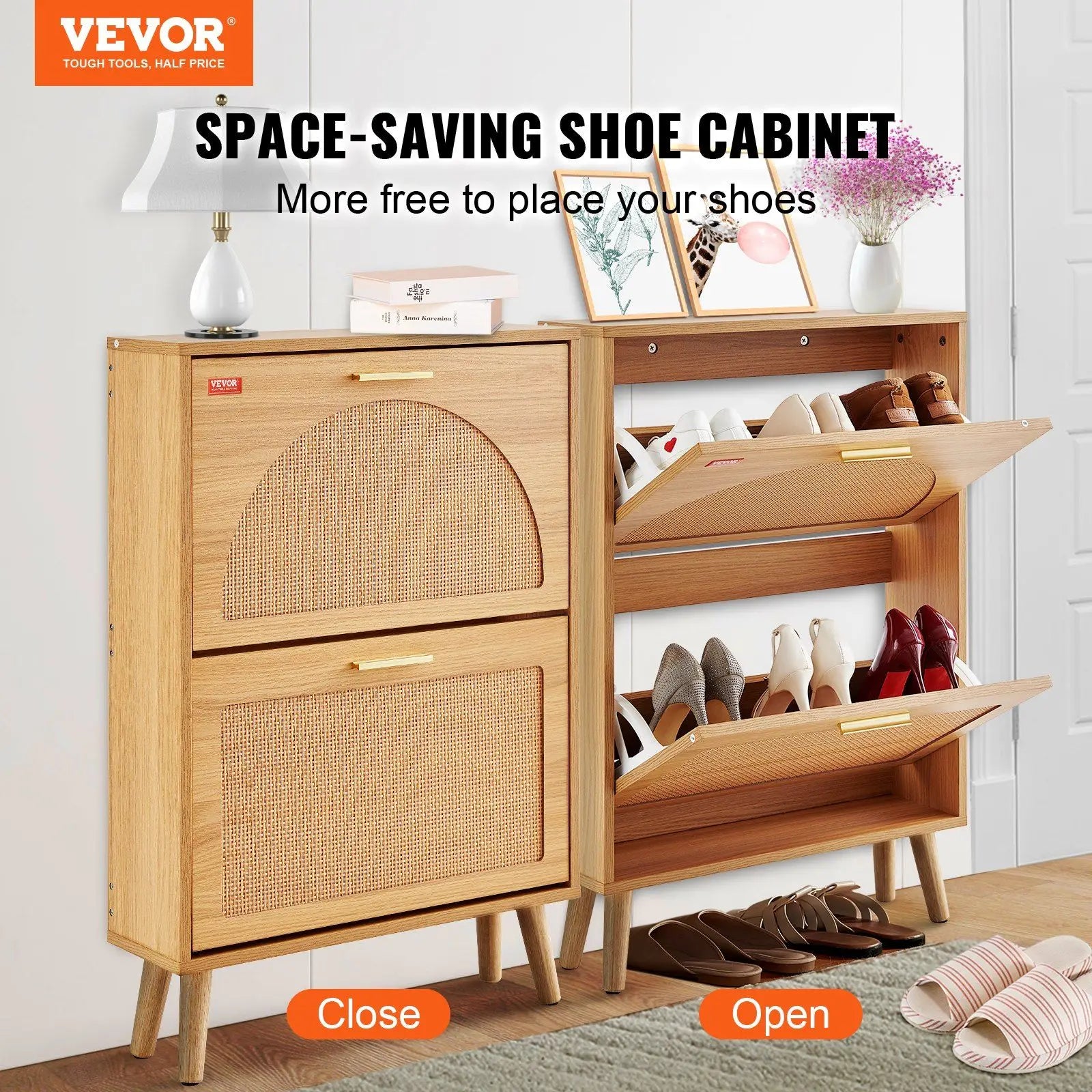 Rattan Shoe Storage Cabinet 2 Flip Drawers Entryway Organizer Natural