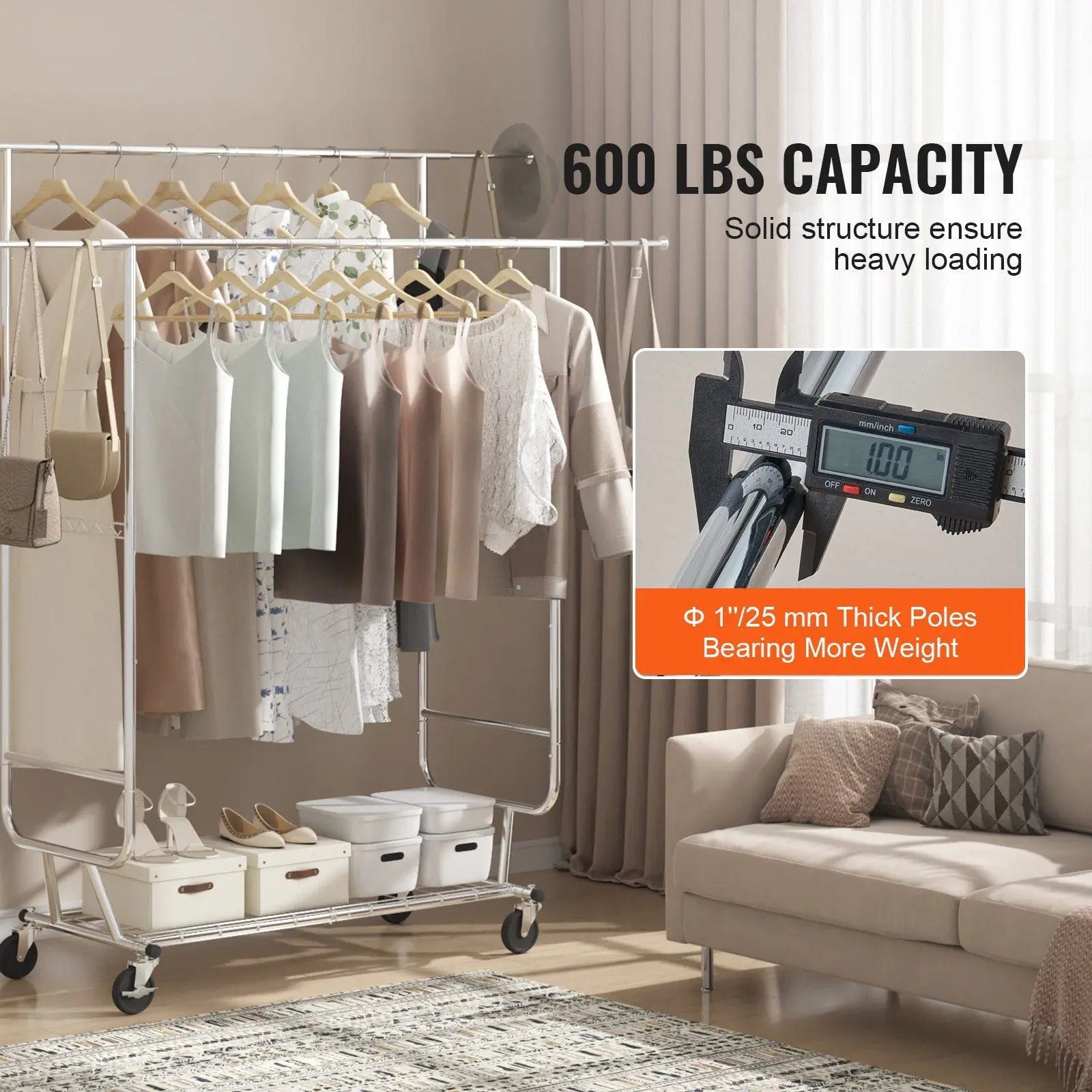 Heavy Duty 600 lb Adjustable Double Rod Garment Rack