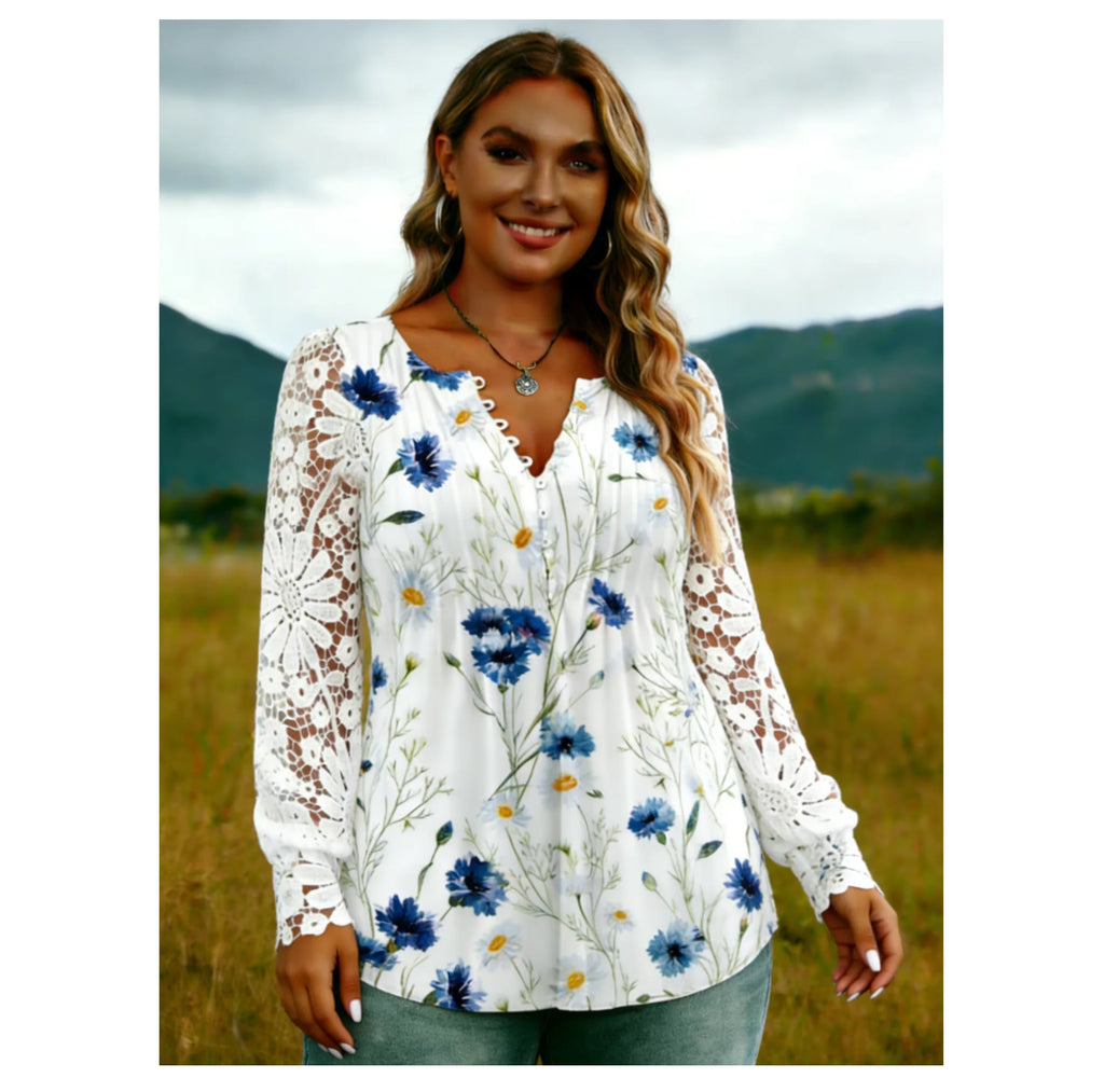 Sweet Babe Plus Size Floral Lace Sleeve V-Neck Blouse