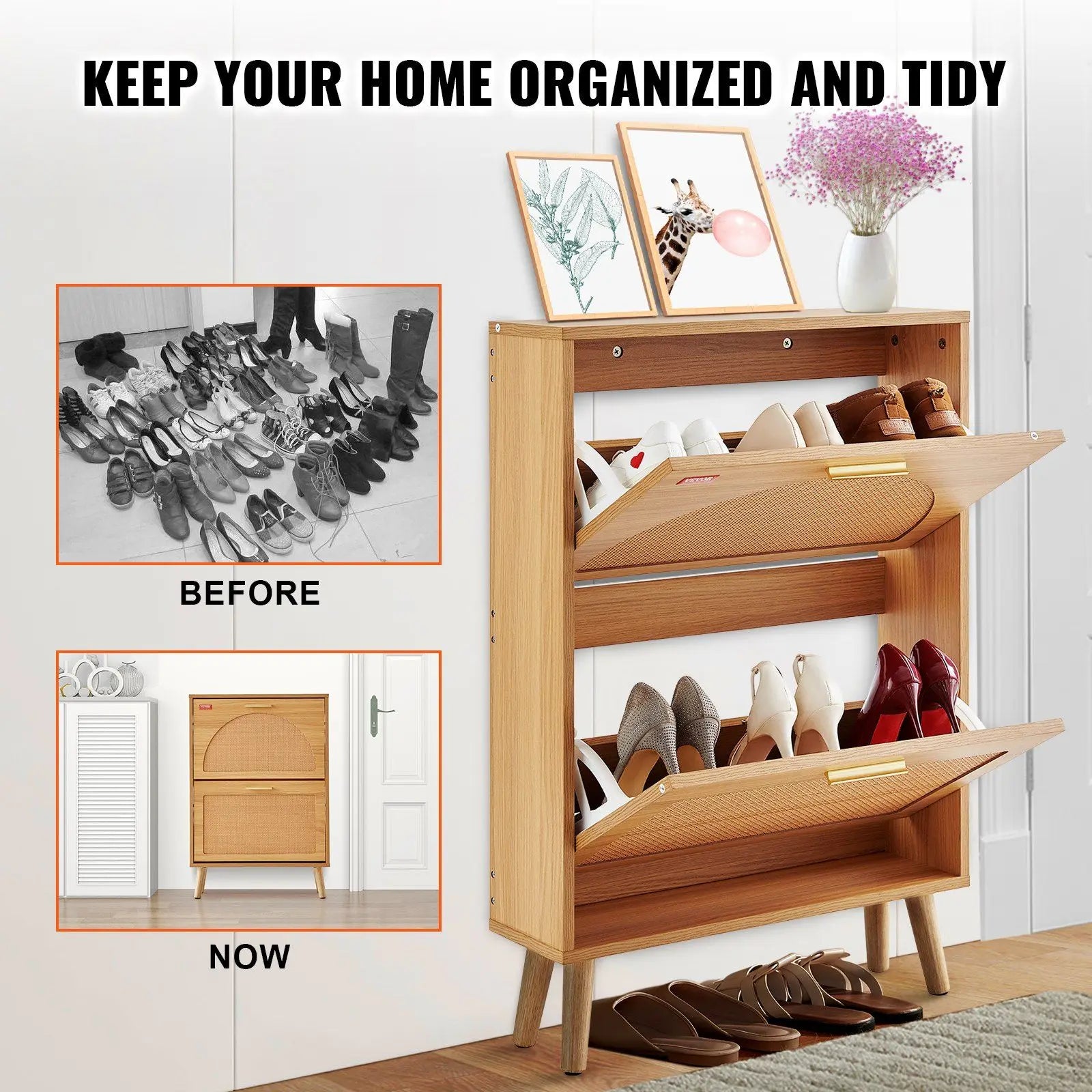 Rattan Shoe Storage Cabinet 2 Flip Drawers Entryway Organizer Natural