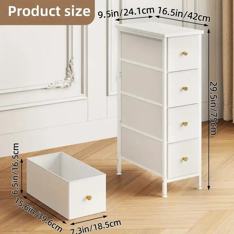 Slim White Nightstand 4 Fabric Drawers Narrow Side Table Bedroom Storage