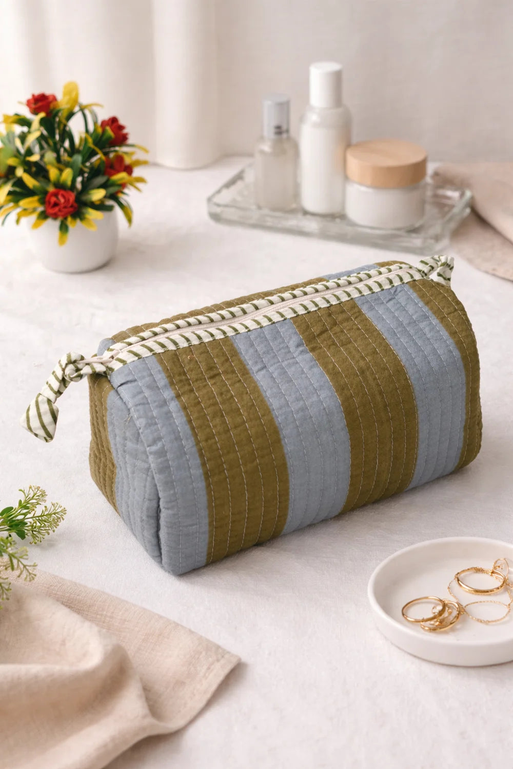 Yellow Stripe Cotton Zipper Makeup Bag