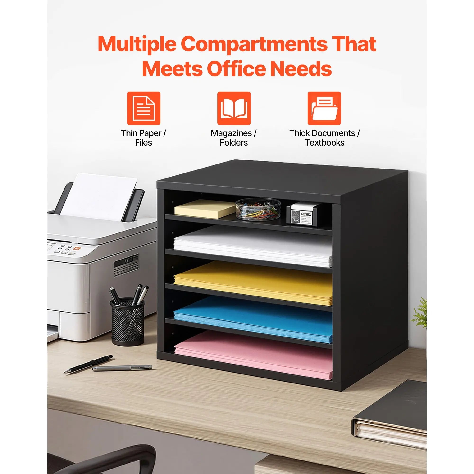 5 Compartment Wood Mailbox Sorter Office Literature File Organizer Black
