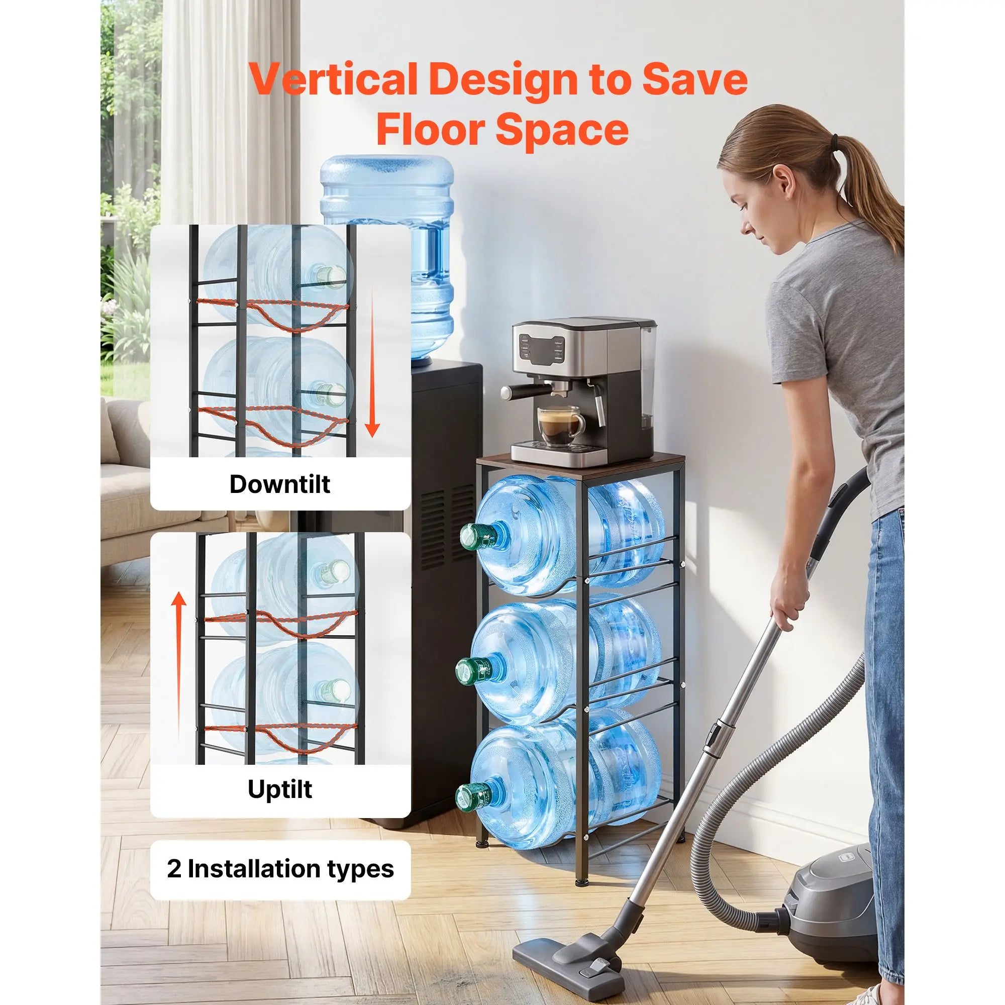 4 Tier Metal Water Jug Holder Rack for 3 to 5 Gallon Bottles Black