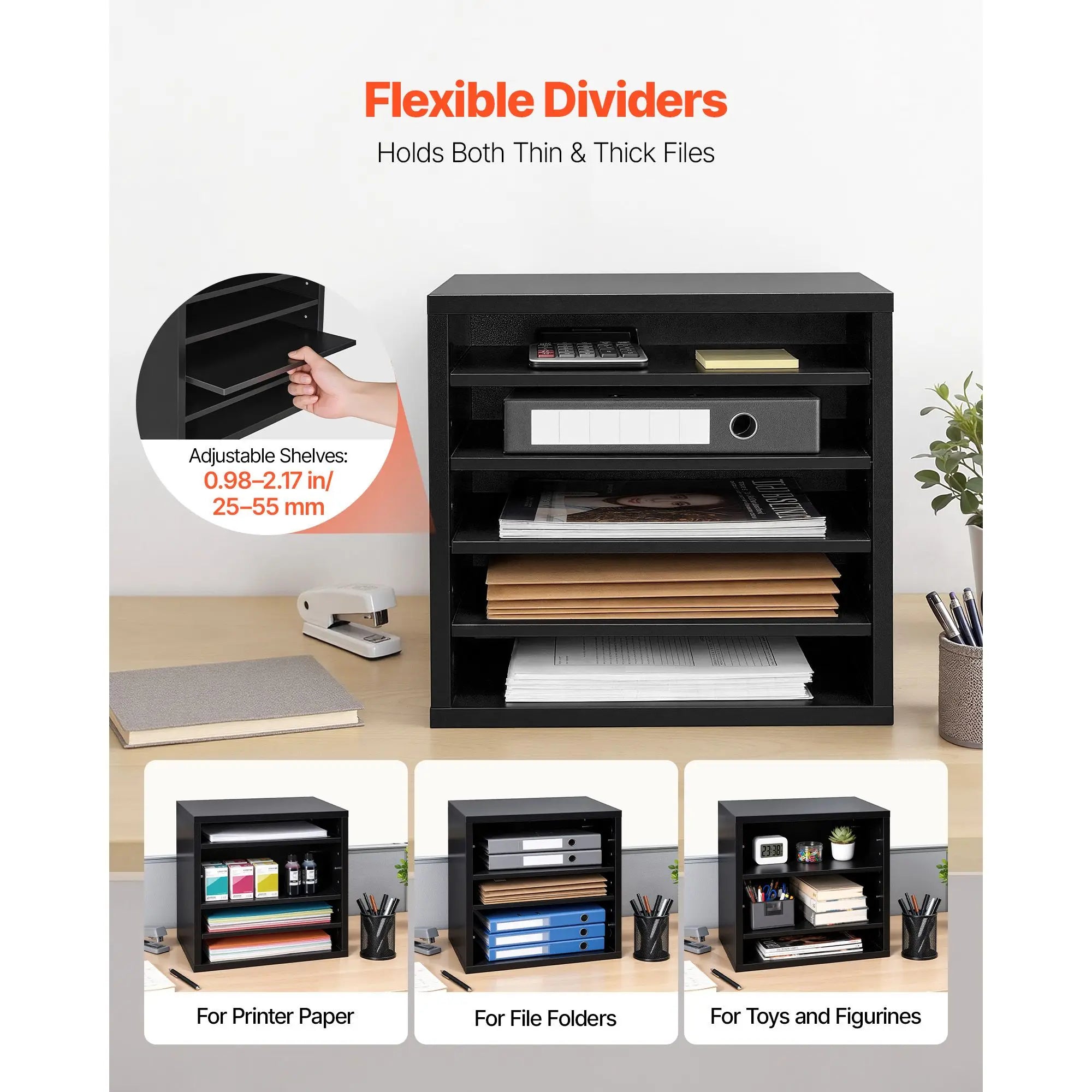 5 Compartment Wood Mailbox Sorter Office Literature File Organizer Black