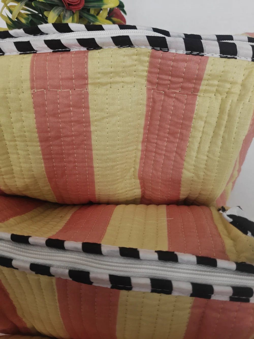 Yellow Stripe Cotton Zipper Makeup Bag