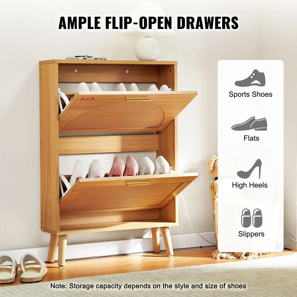 Rattan Shoe Storage Cabinet 2 Flip Drawers Entryway Organizer Natural