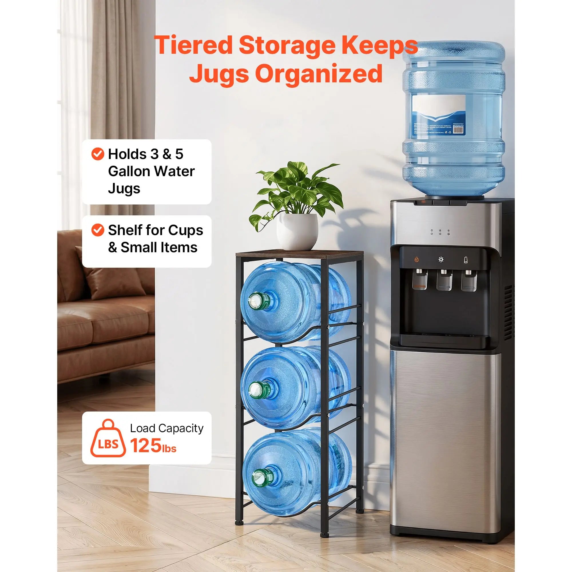 4 Tier Metal Water Jug Holder Rack for 3 to 5 Gallon Bottles Black