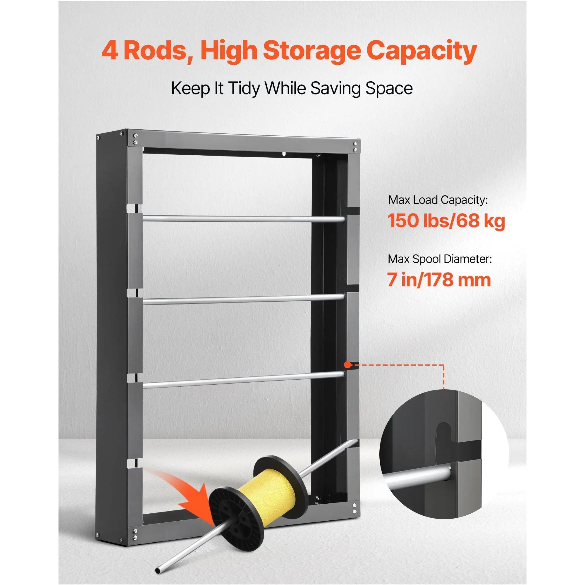 Wall-Mounted 4-Rod Adjustable Spool Storage Rack