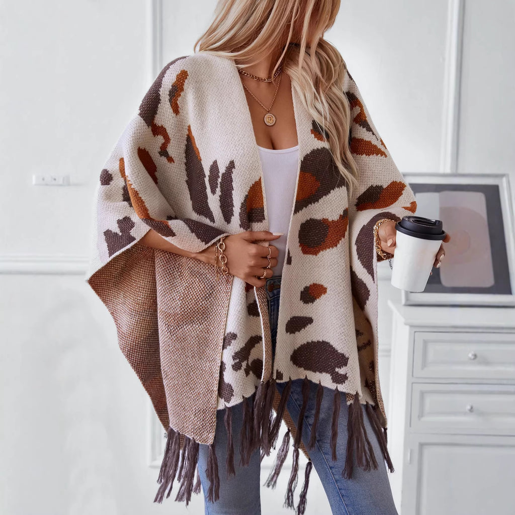 Leopard Print Tassel Knit Cape Scarf, Apricot