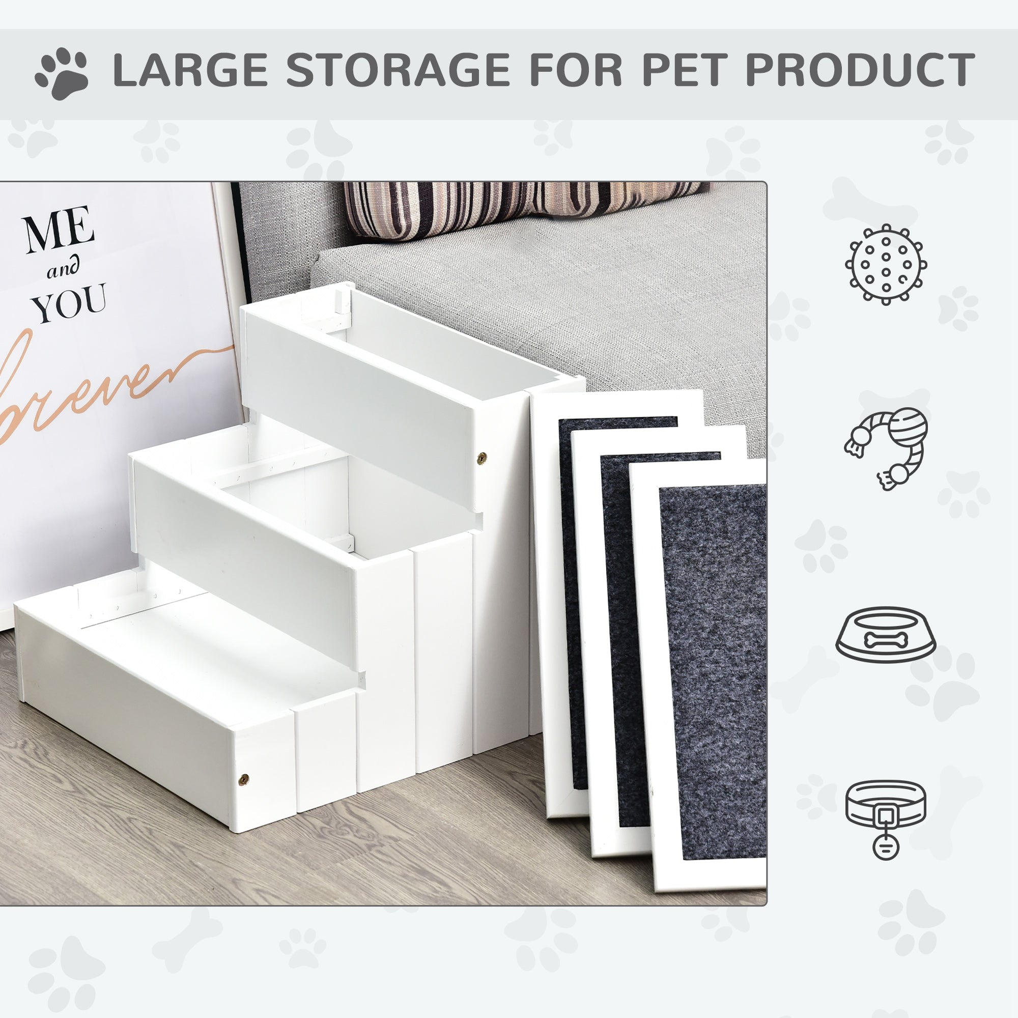 3-Step Wooden Carpeted Pet Stairs - White detail 3