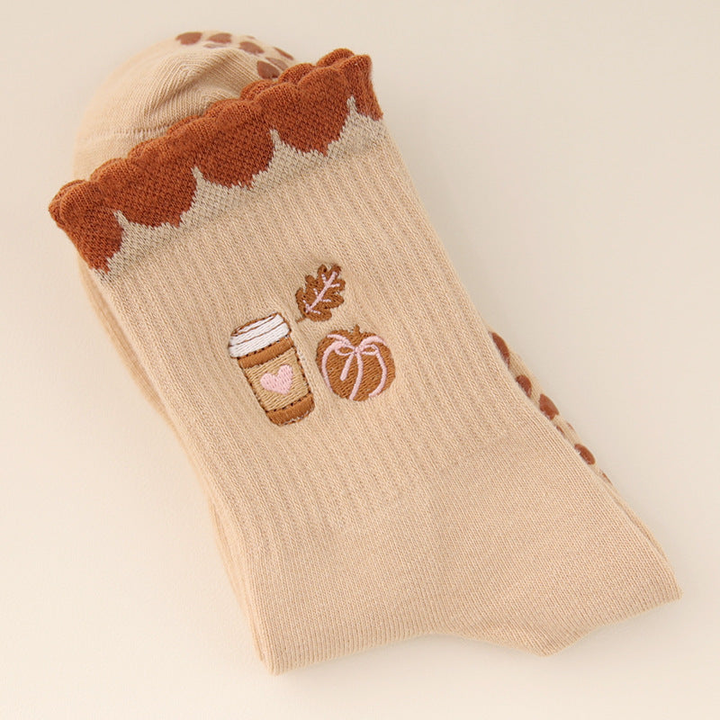 Cherry Embroidered Yoga Socks, Light Coffee product detail