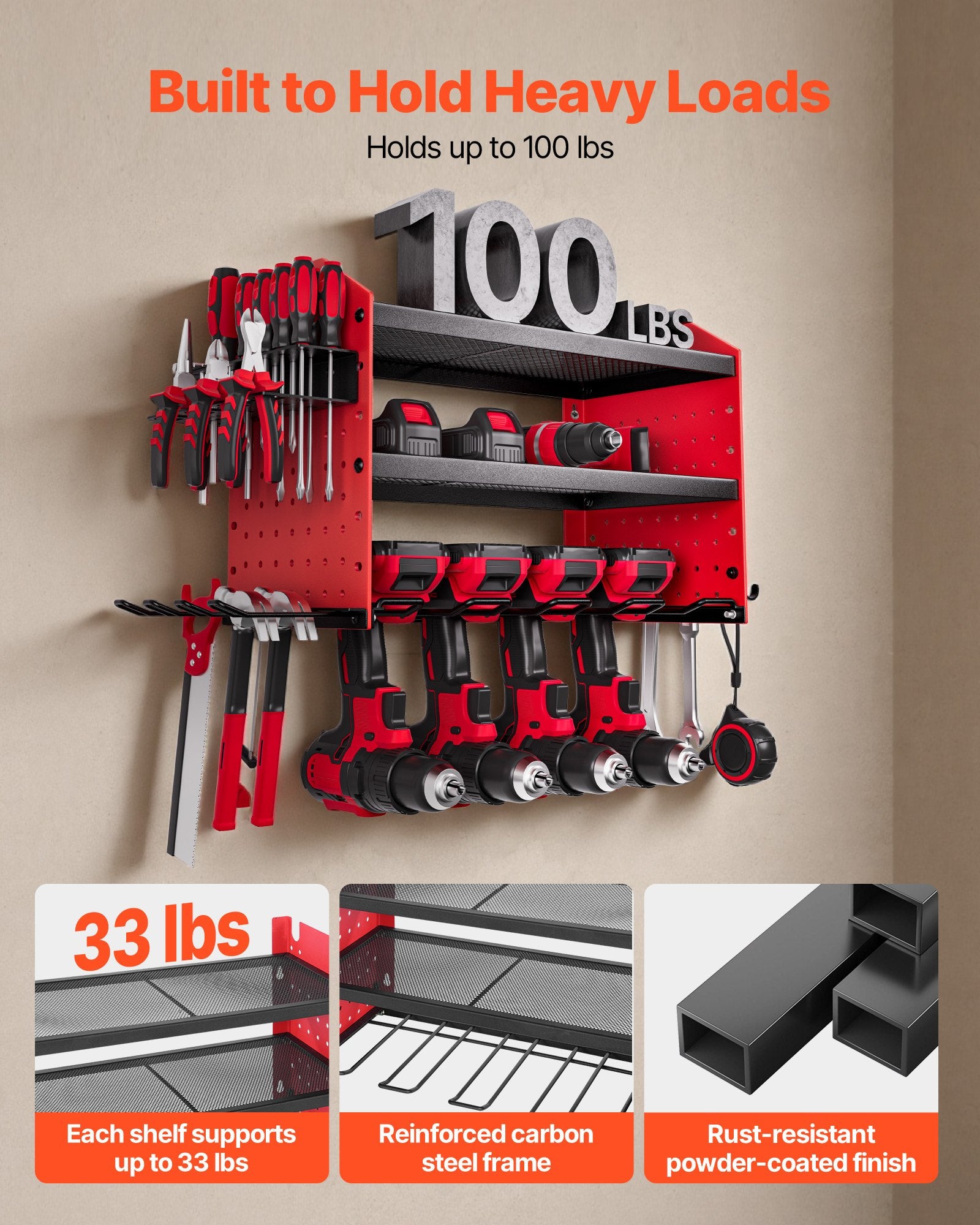 3-Layer Power Tool Organizer with 4 Drill Holders and Pegboards detail 5