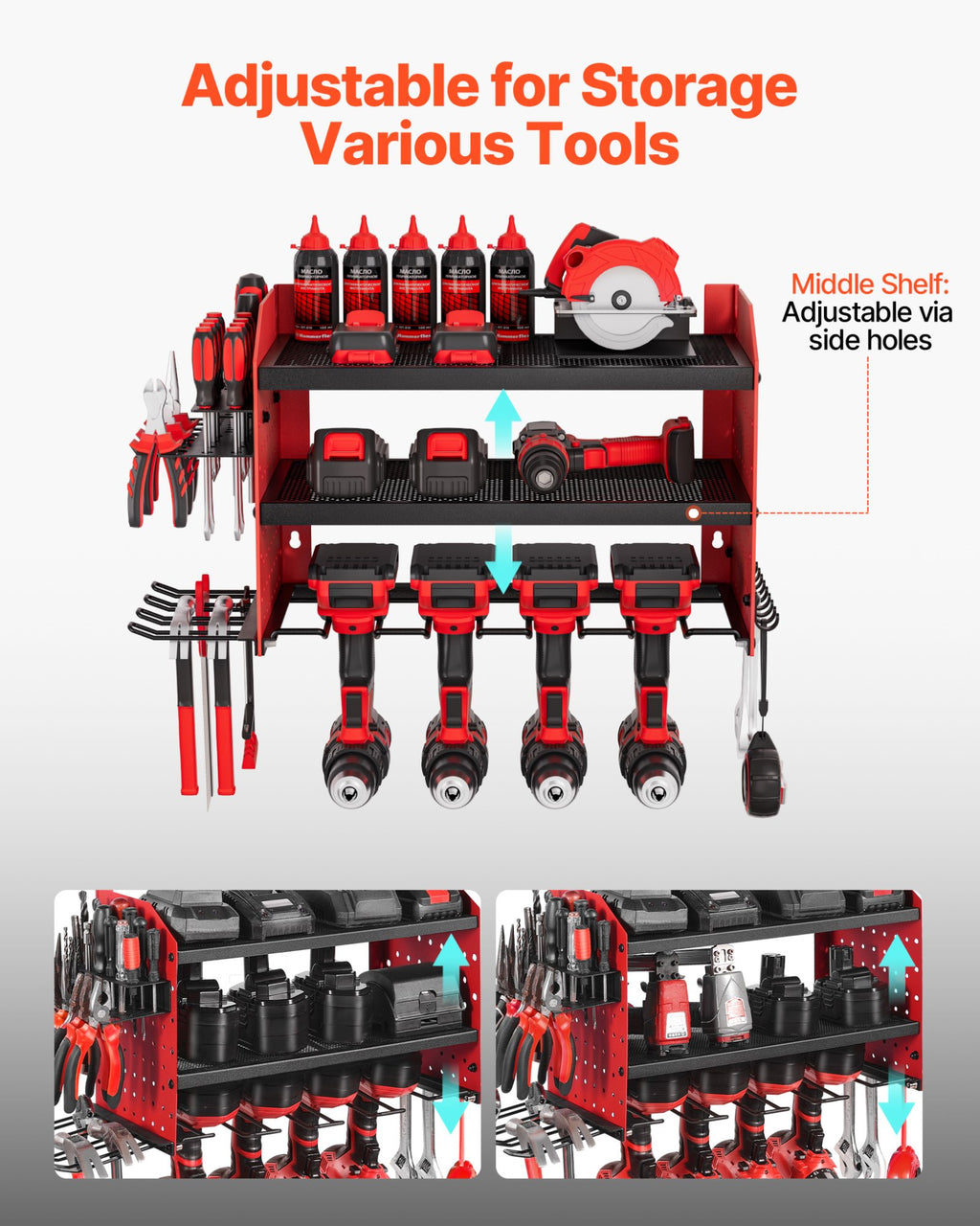 3-Layer Power Tool Organizer with 4 Drill Holders and Pegboards detail 3