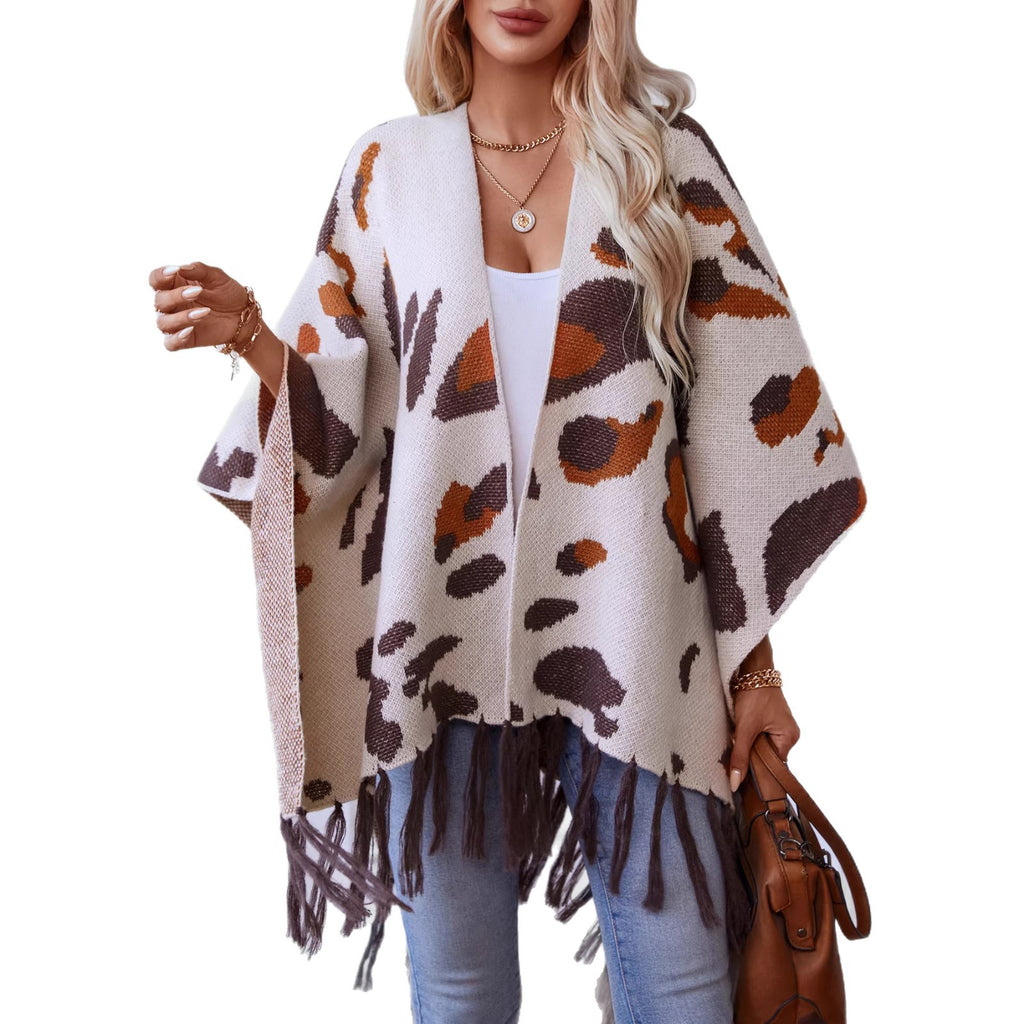 Leopard Print Tassel Knit Cape Scarf, Apricot product detail