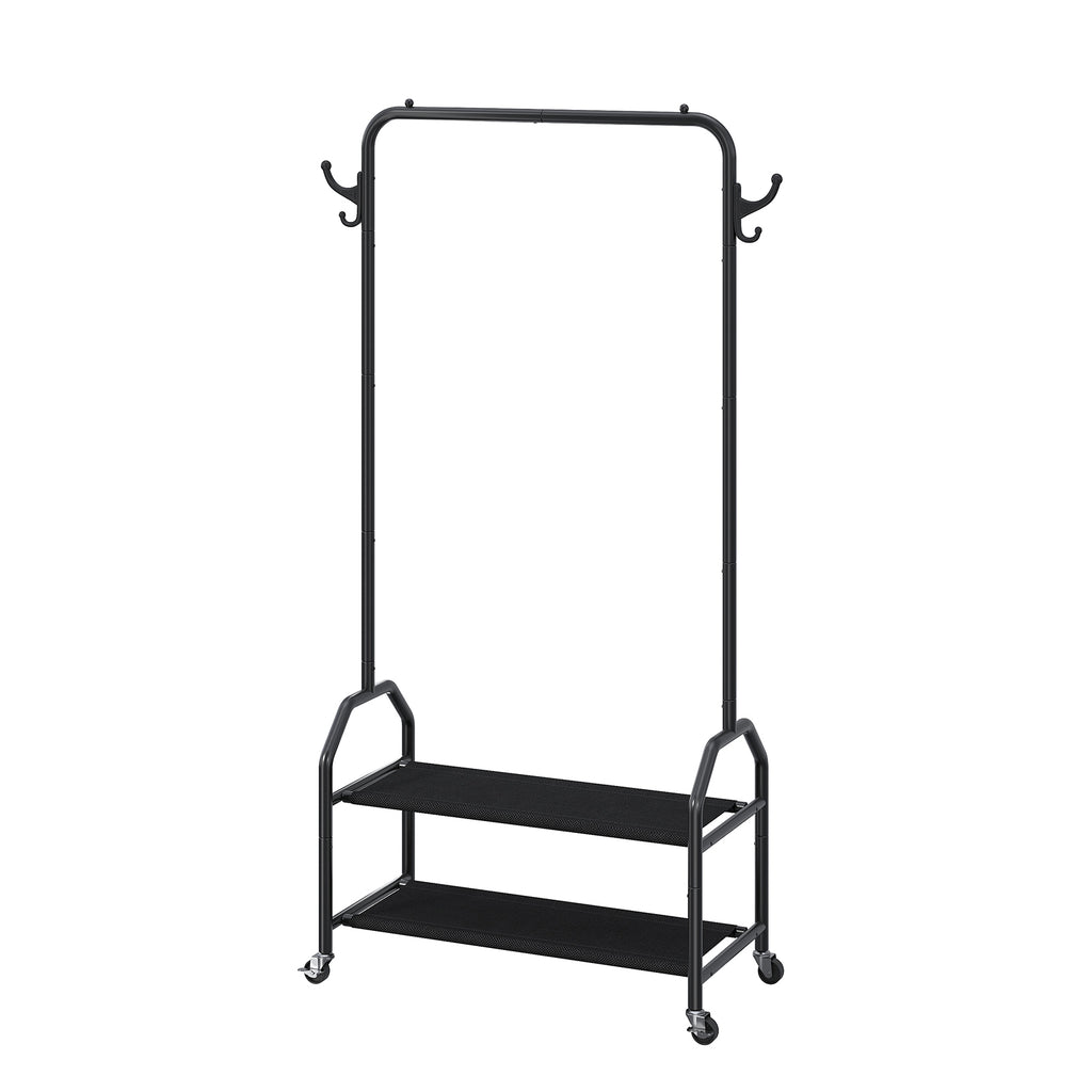 Black rolling clothes rack with shelves