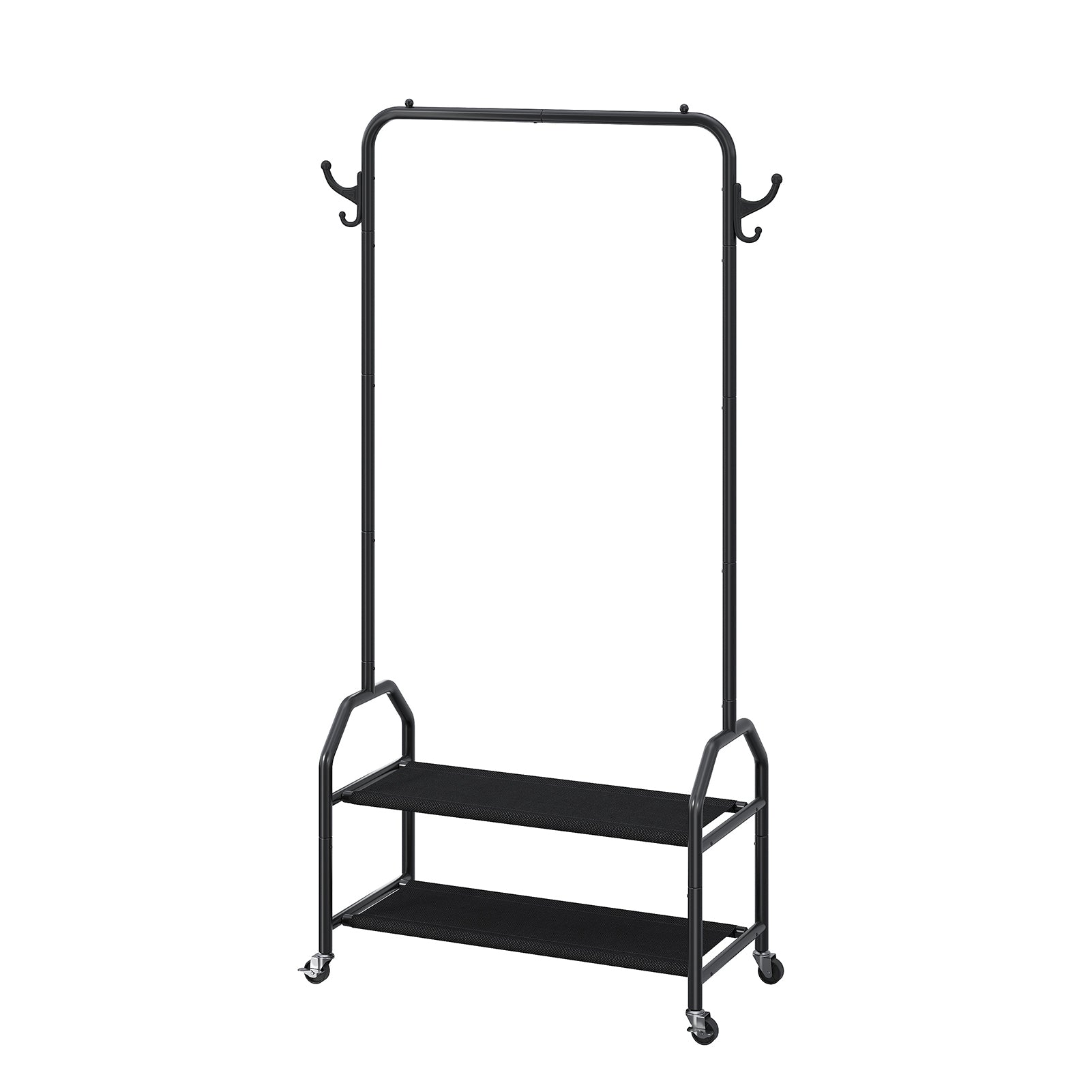 Black rolling clothes rack with shelves
