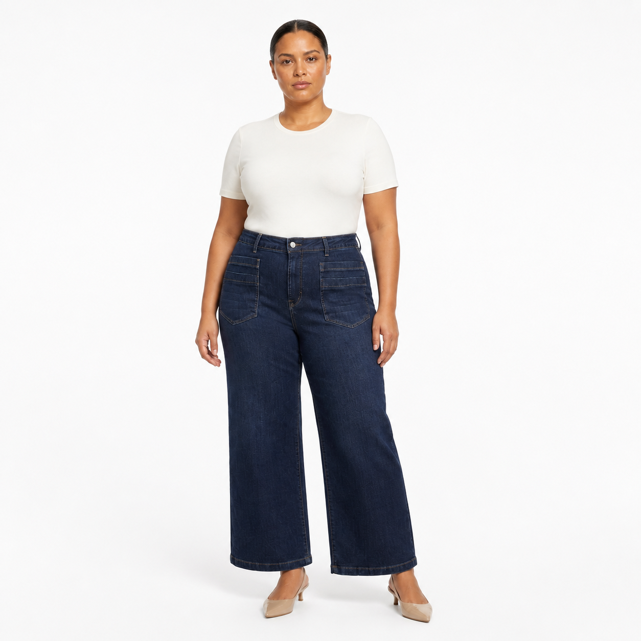 HME Women's Plus Size Dark Blue Wide Leg Jeans with Front Pockets