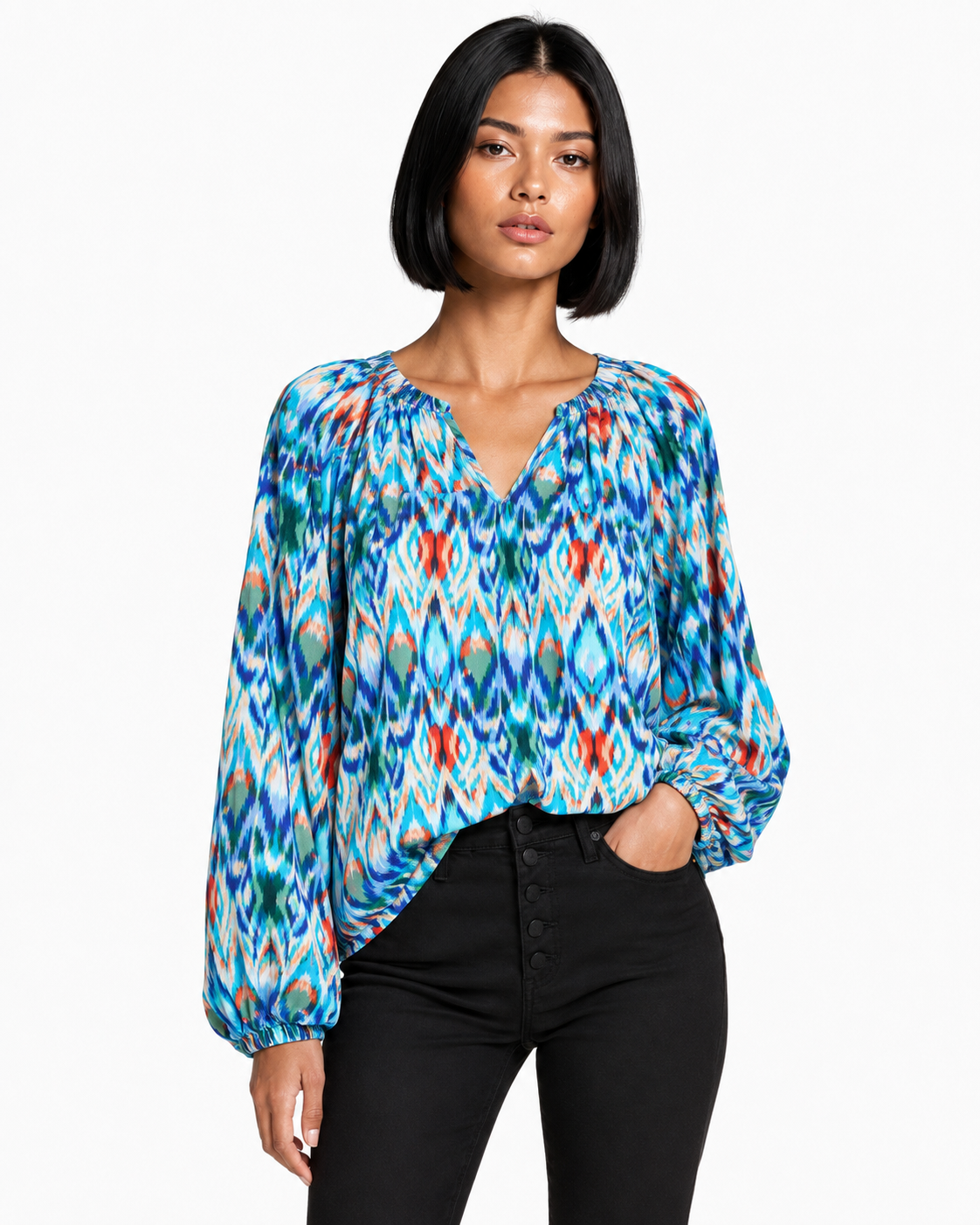Double Take Full Size Printed Balloon Sleeve Blouse
