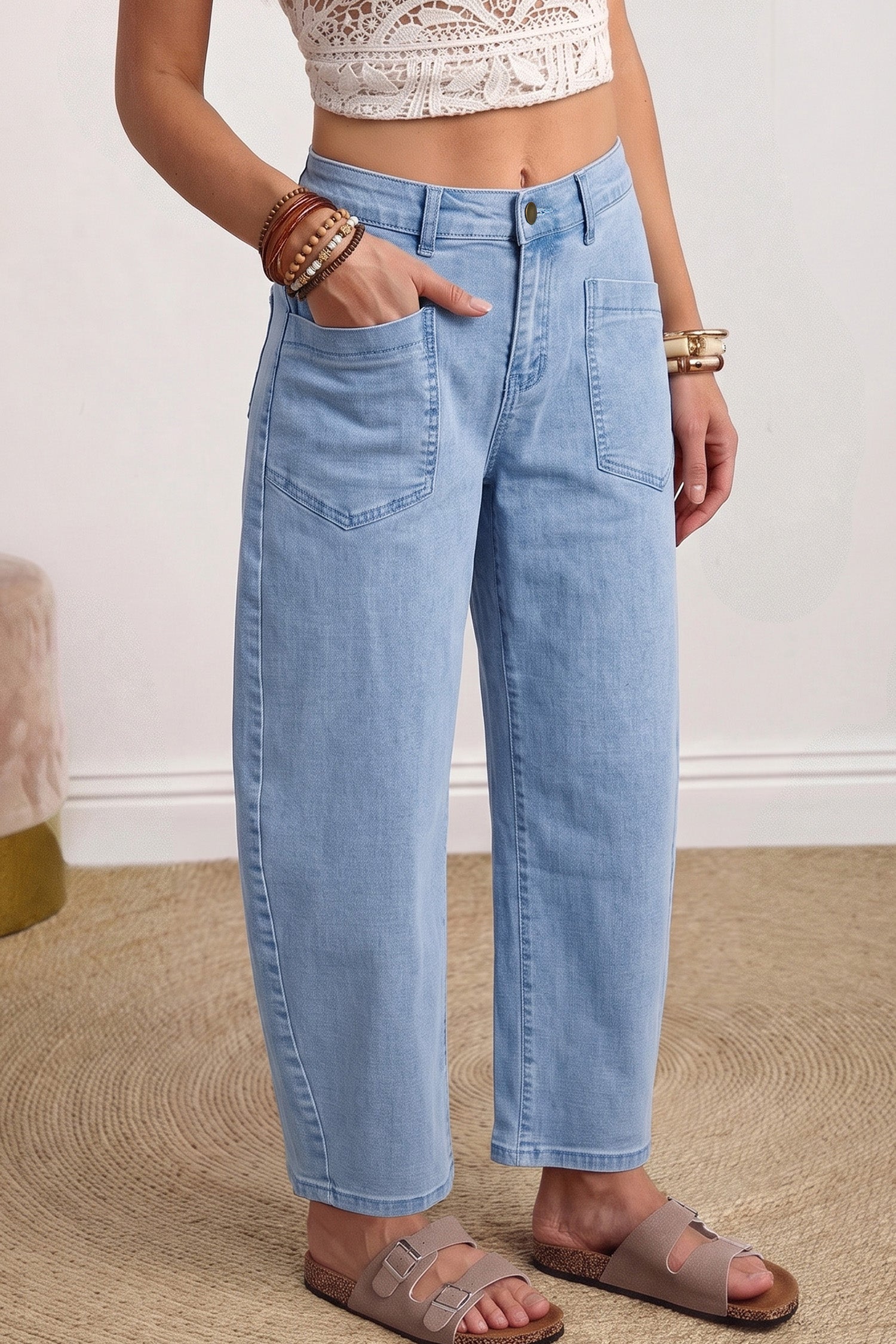 Coffee Solid Color Square Patch Pocket Ankle-length Barrel Jeans