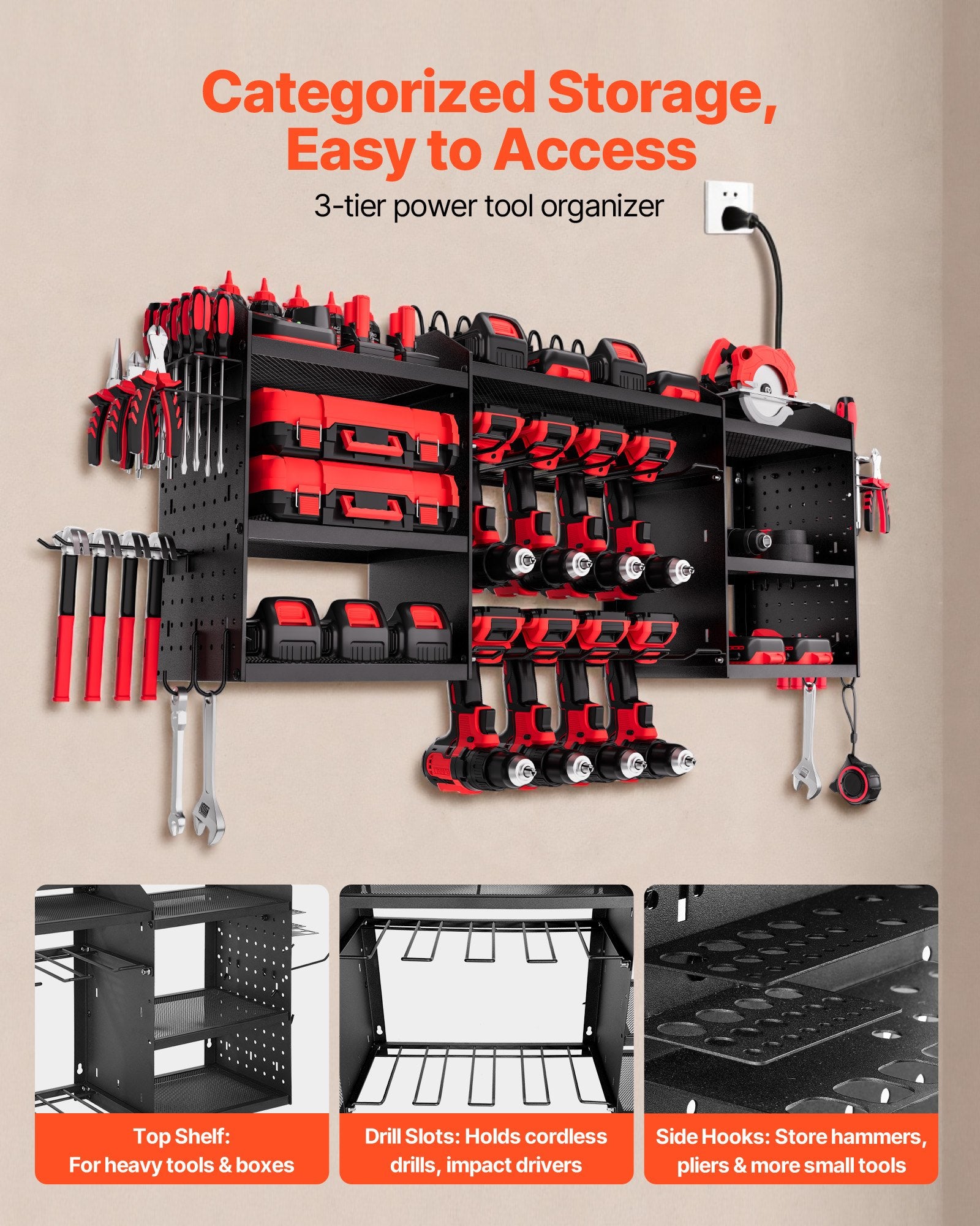 3-Layer Power Tool Organizer with Charging Station detail 3