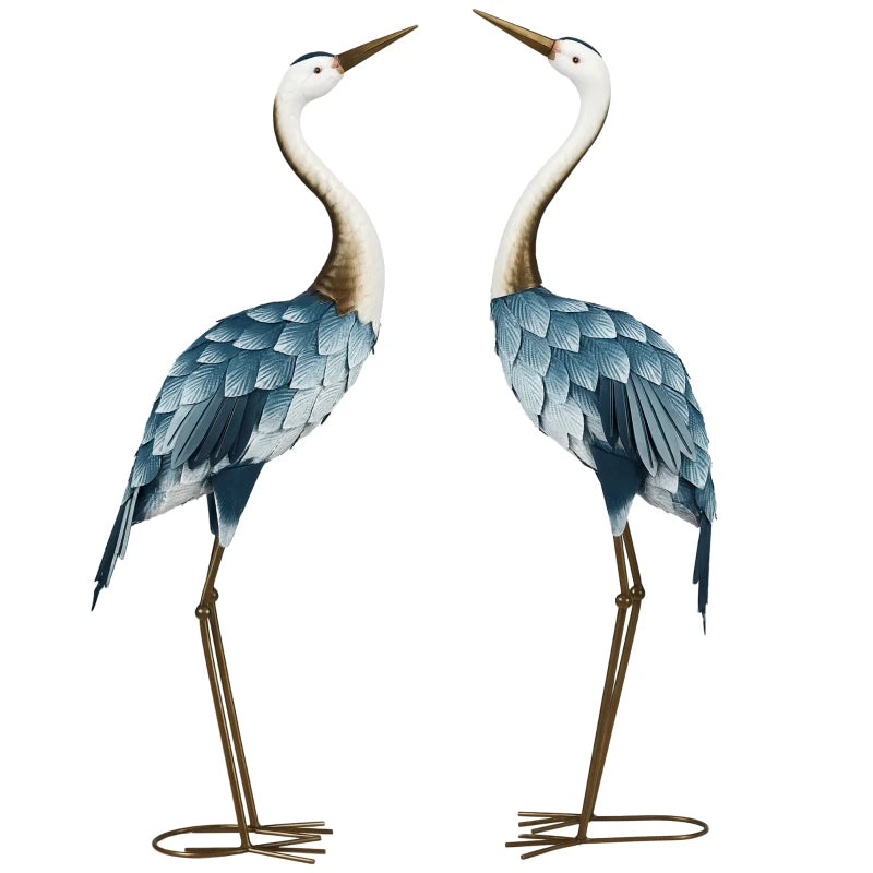 Blue Metal Crane Garden Statues - Set of 2