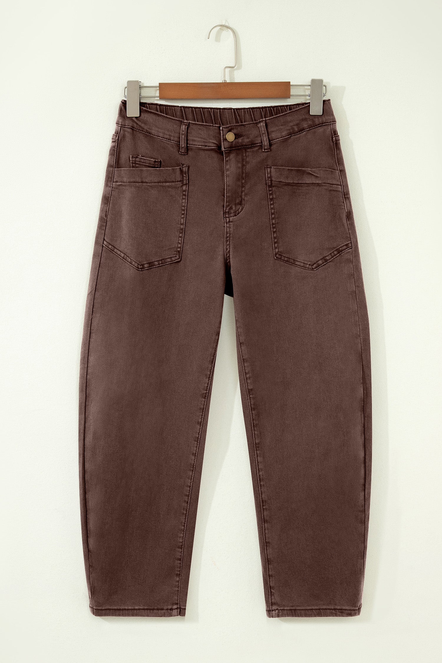 Coffee Solid Color Square Patch Pocket Ankle-length Barrel Jeans
