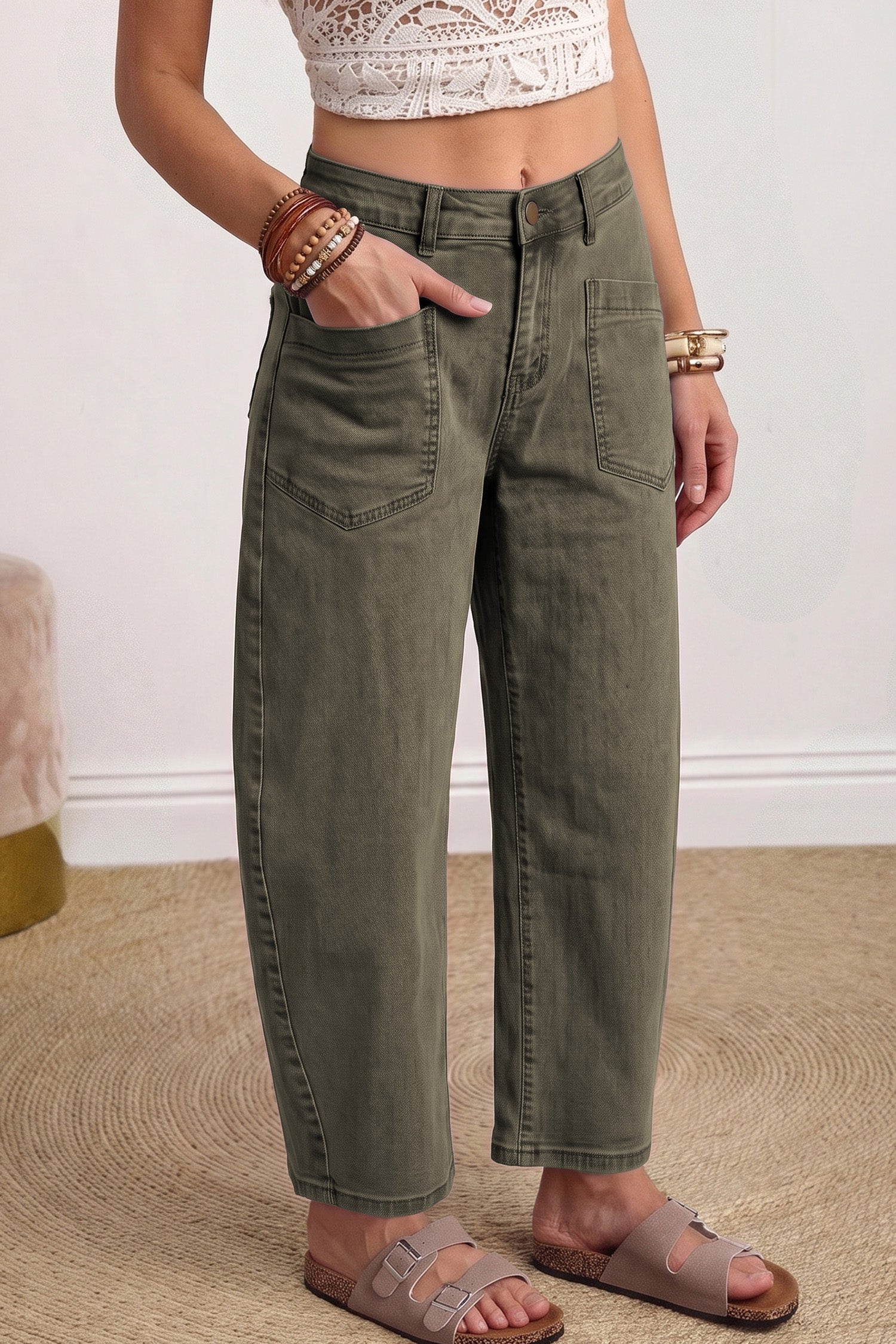 Coffee Solid Color Square Patch Pocket Ankle-length Barrel Jeans