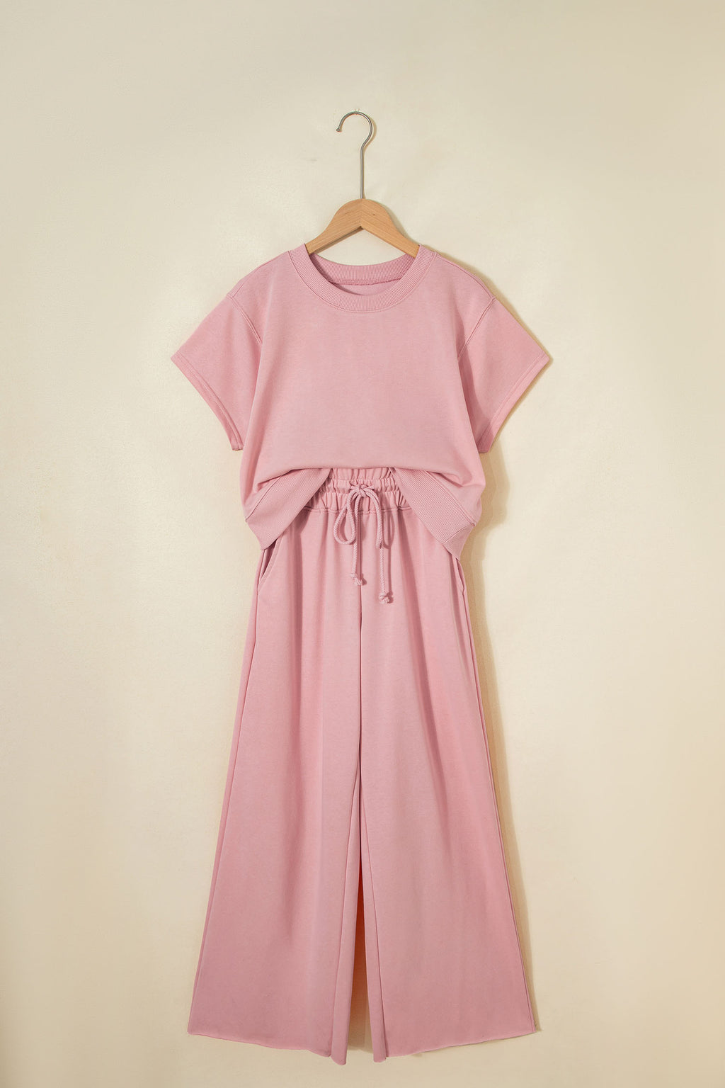 Parchment Solid Color Loose Tee Drawstring Wide Leg Pants 2pcs Outfit
